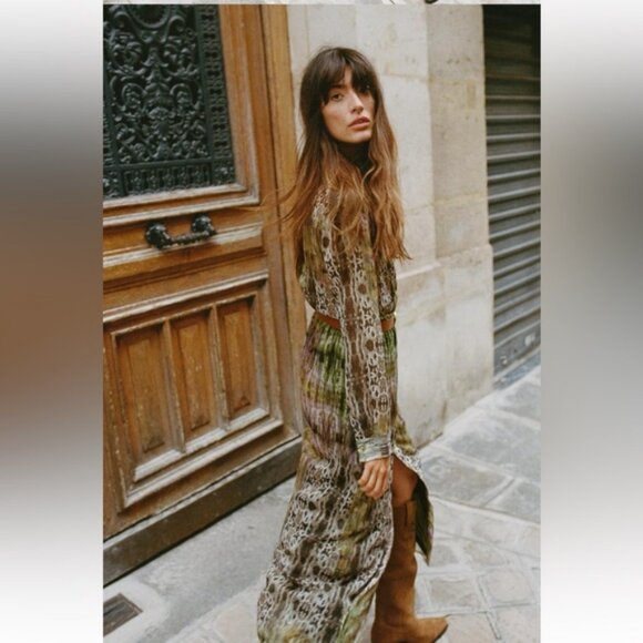 ZARA METALLIC THREAD BELTED PRINTED DRESS - Picture 3 of 6